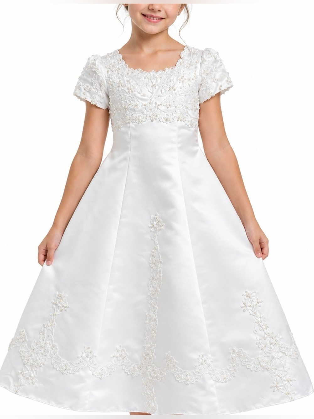 Mary's Bridal Girls White Satin First Communion Dress A-Line Size 6